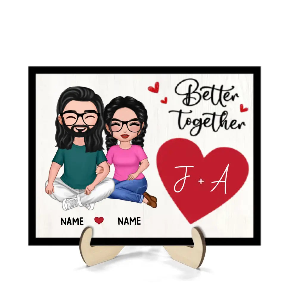 Couple Sitting Embracing Initial Names Valentine‘s Day Gift For Him For Her Personalized 2-Layer Wooden Plaque