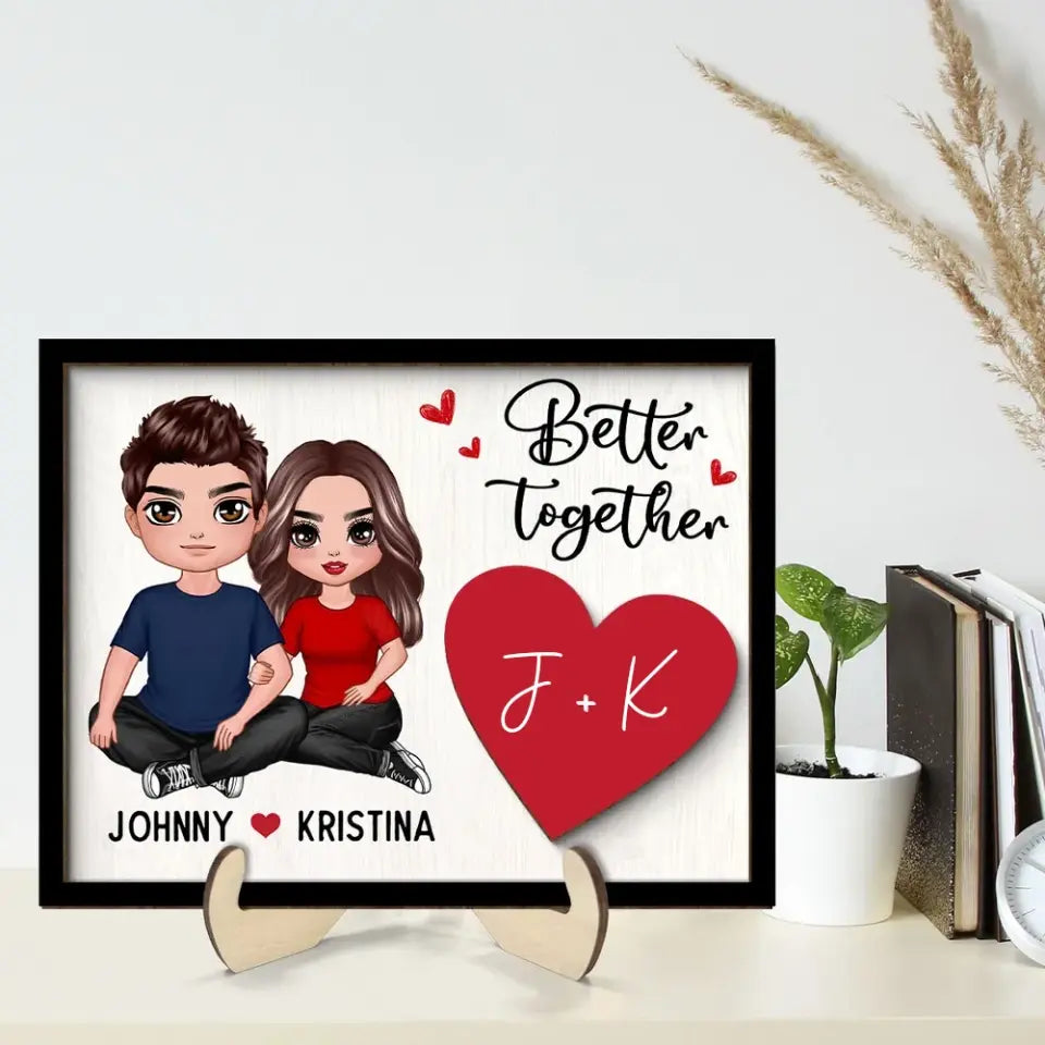 Couple Sitting Embracing Initial Names Valentine‘s Day Gift For Him For Her Personalized 2-Layer Wooden Plaque