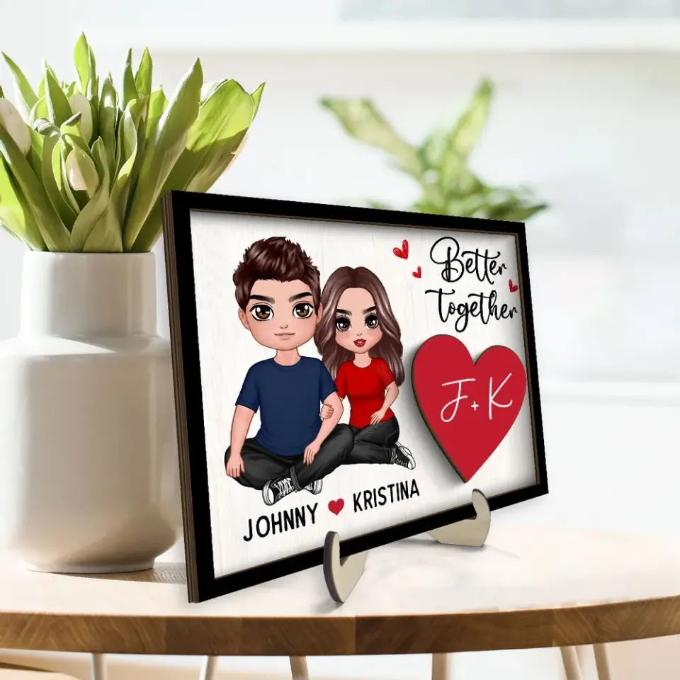 Couple Sitting Embracing Initial Names Valentine‘s Day Gift For Him For Her Personalized 2-Layer Wooden Plaque