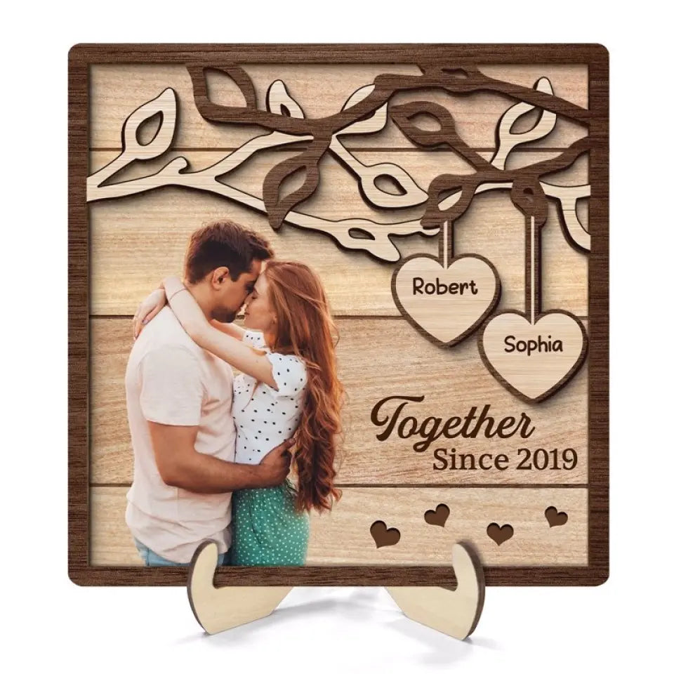 Couple Kissing Under Tree Photo Upload Personalized 2-Layer Wooden Plaque