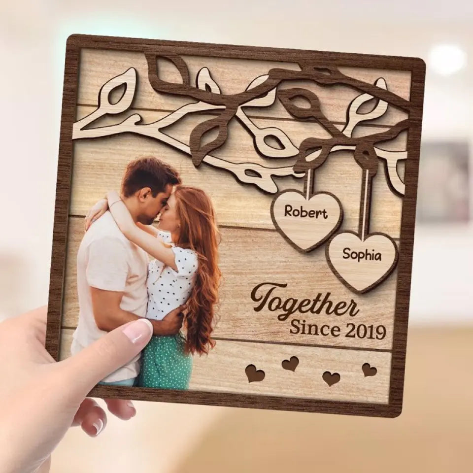 Couple Kissing Under Tree Photo Upload Personalized 2-Layer Wooden Plaque