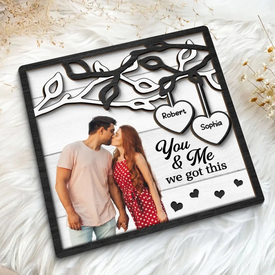 Couple Kissing Under Tree Photo Upload Personalized 2-Layer Wooden Plaque