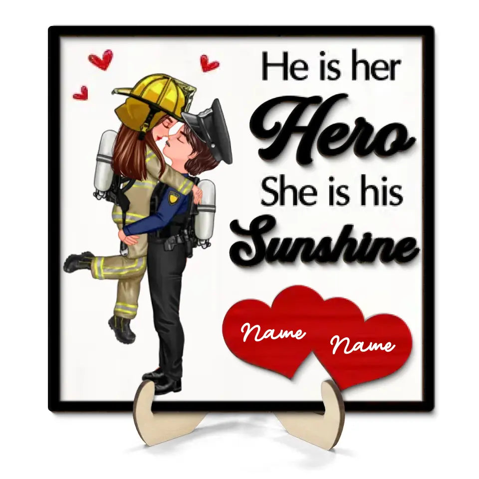 Her Hero His Sunshine Couple Valentine‘s Day Gifts by Occupation Gift For Her Gift For Him Firefighter, Nurse, Police Officer Personalized 2-Layer Wooden Plaque