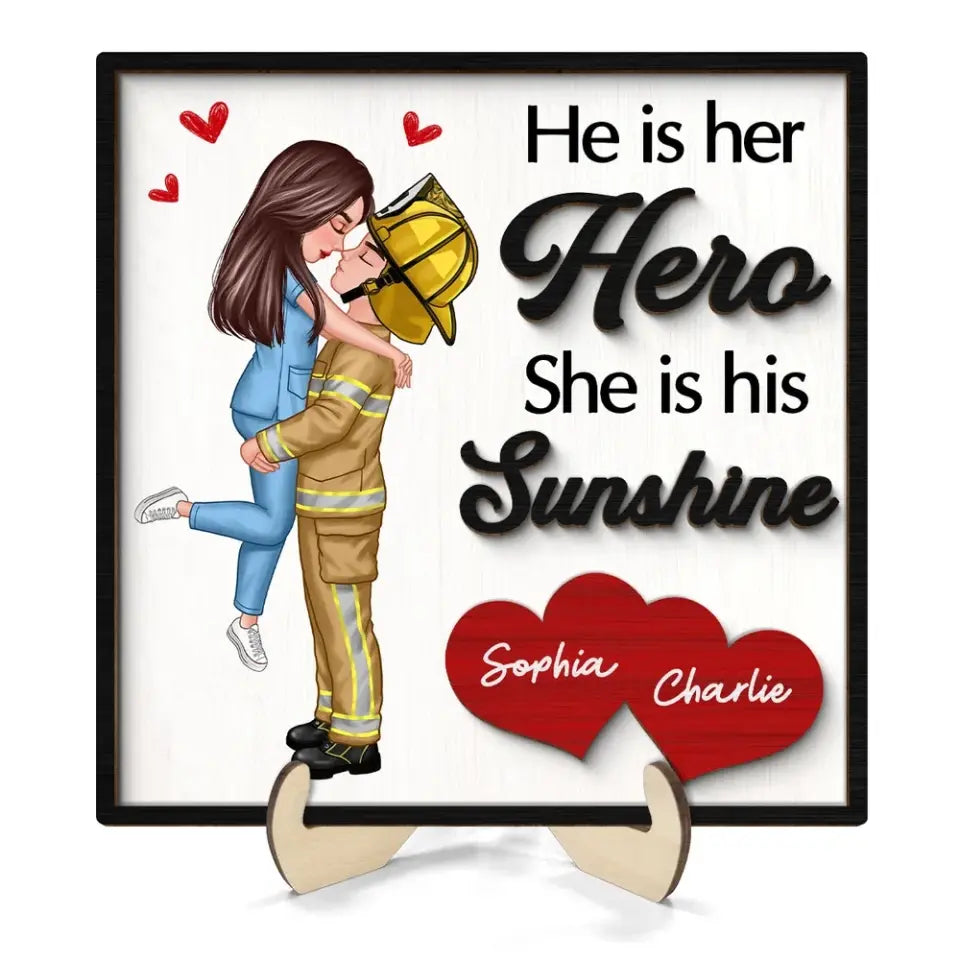 Her Hero His Sunshine Couple Valentine‘s Day Gifts by Occupation Gift For Her Gift For Him Firefighter, Nurse, Police Officer Personalized 2-Layer Wooden Plaque