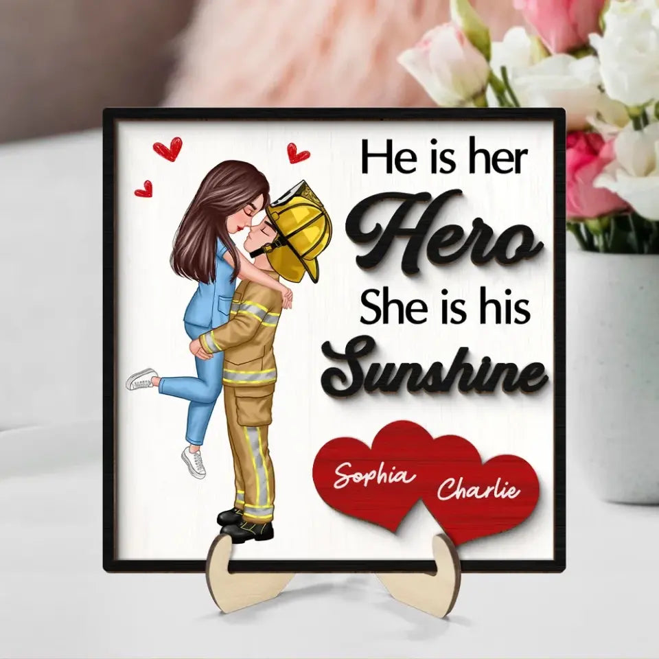 Her Hero His Sunshine Couple Valentine‘s Day Gifts by Occupation Gift For Her Gift For Him Firefighter, Nurse, Police Officer Personalized 2-Layer Wooden Plaque