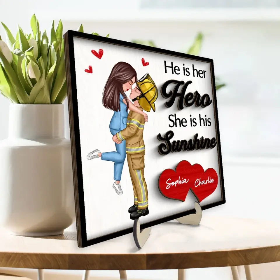 Her Hero His Sunshine Couple Valentine‘s Day Gifts by Occupation Gift For Her Gift For Him Firefighter, Nurse, Police Officer Personalized 2-Layer Wooden Plaque