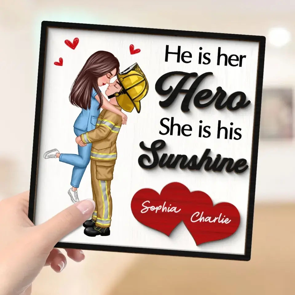 Her Hero His Sunshine Couple Valentine‘s Day Gifts by Occupation Gift For Her Gift For Him Firefighter, Nurse, Police Officer Personalized 2-Layer Wooden Plaque