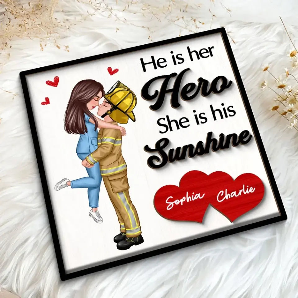 Her Hero His Sunshine Couple Valentine‘s Day Gifts by Occupation Gift For Her Gift For Him Firefighter, Nurse, Police Officer Personalized 2-Layer Wooden Plaque