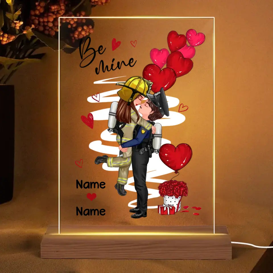 Be Mine Couple Valentine‘s Day Gifts by Occupation Gift For Her Gift For Him Firefighter, Nurse, Police Officer Personalized Acrylic Plaque Warm LED Night Light