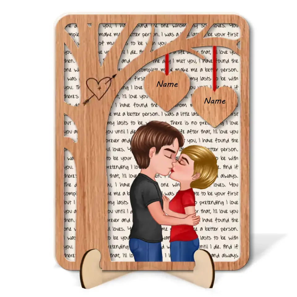 Couple Kissing Under Tree Letters Background Personalized 2-Layer Wooden Plaque