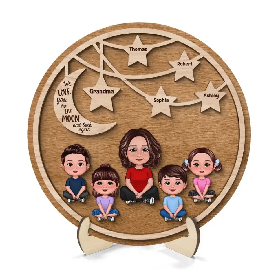 Grandma Grandkids Crossed Legs Moon And Stars Personalized 2-layer Wooden Plaque