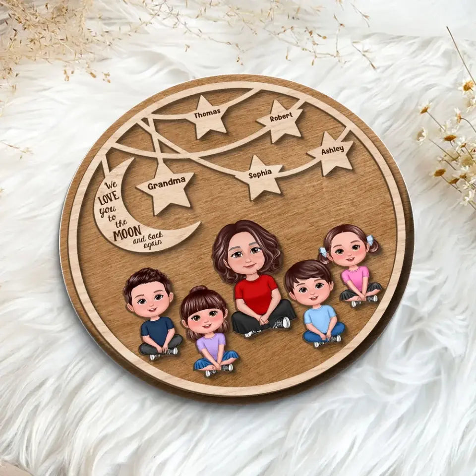 Grandma Grandkids Crossed Legs Moon And Stars Personalized 2-layer Wooden Plaque