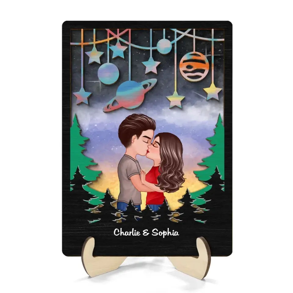 Couple Kissing Galaxy Theme Valentine's Day Gift For Him Gift For Her Personalized 2-layer Wooden Plaque