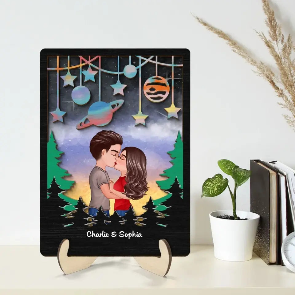 Couple Kissing Galaxy Theme Valentine's Day Gift For Him Gift For Her Personalized 2-layer Wooden Plaque