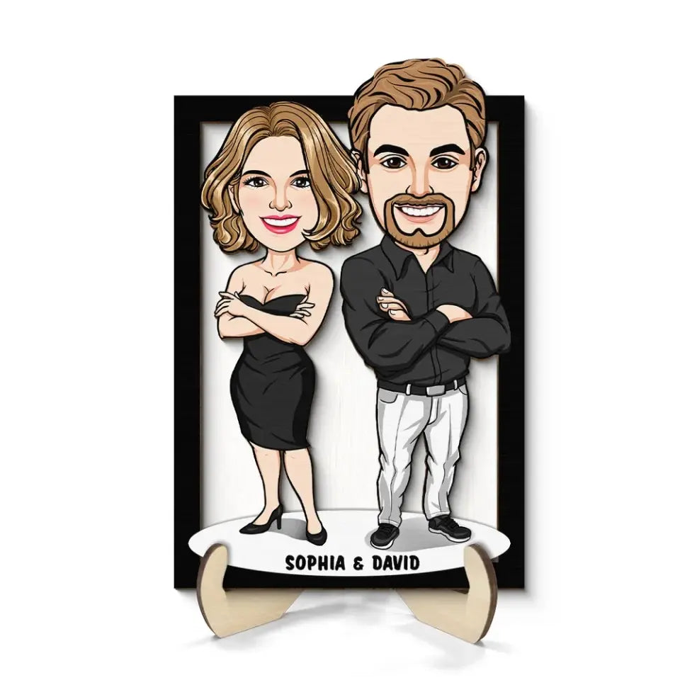 Funny Caricature Couple Valentine‘s Day Gift For Him For Her Personalized 2-Layer Wooden Plaque