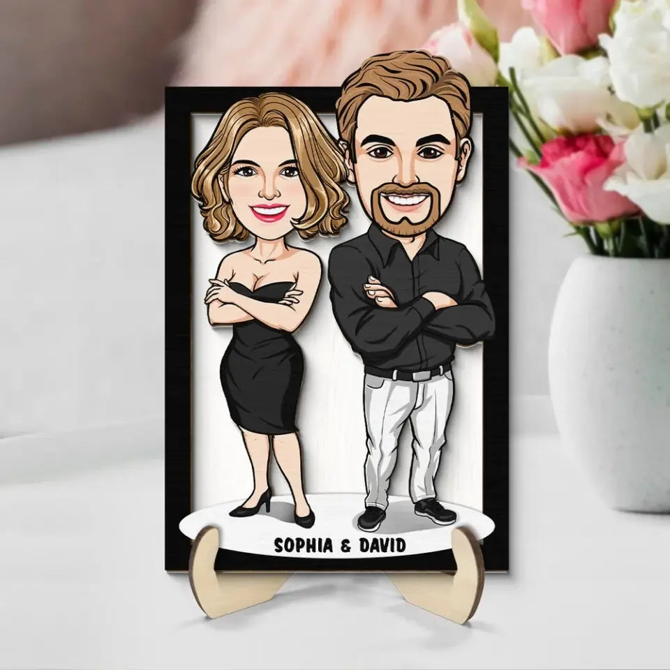 Funny Caricature Couple Valentine‘s Day Gift For Him For Her Personalized 2-Layer Wooden Plaque