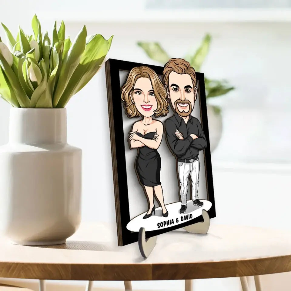 Funny Caricature Couple Valentine‘s Day Gift For Him For Her Personalized 2-Layer Wooden Plaque