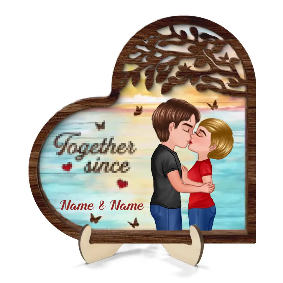 Couple Kissing Under Tree Heart Shaped Personalized 2-Layer Wooden Plaque