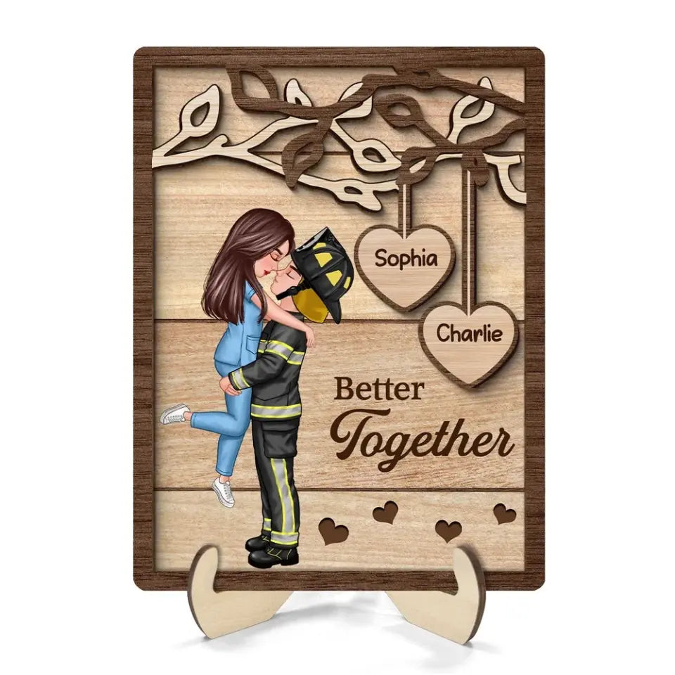 Couple Hugging Kissing Under Tree Gifts by Occupation Gift For Her Gift For Him Firefighter, Nurse, Police Officer Personalized 2-Layer Wooden Plaque