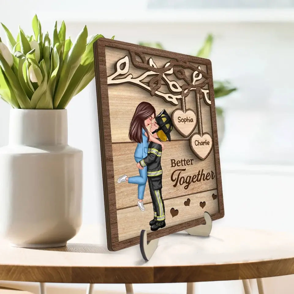 Couple Hugging Kissing Under Tree Gifts by Occupation Gift For Her Gift For Him Firefighter, Nurse, Police Officer Personalized 2-Layer Wooden Plaque