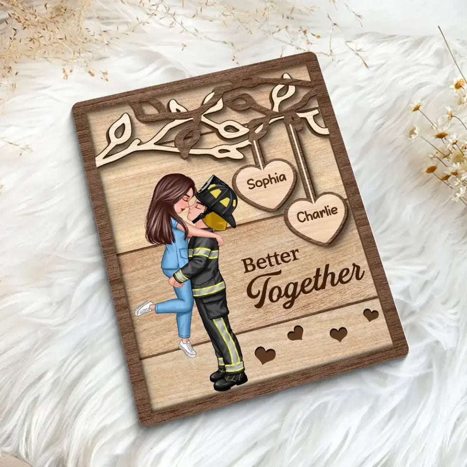 Couple Hugging Kissing Under Tree Gifts by Occupation Gift For Her Gift For Him Firefighter, Nurse, Police Officer Personalized 2-Layer Wooden Plaque