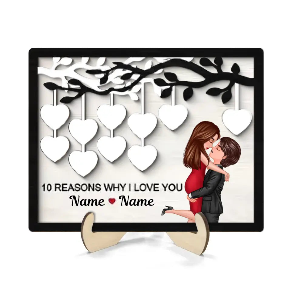 Couple Kissing Under Heart Tree Reasons I Love You Personalized 2-layer Wooden Plaque