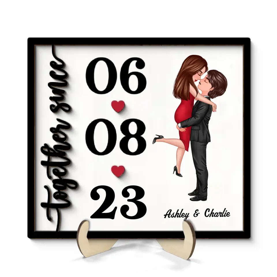 Doll Couple Hugging Kissing Anniversary Date Gift For Him Gift For Her Personalized 2-Layer Wooden Plaque