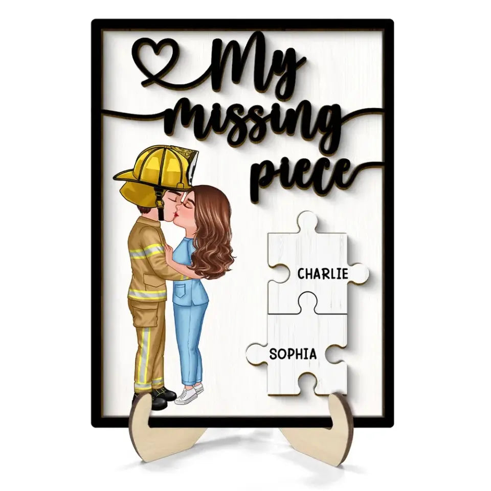 Couple Kissing My Missing Piece Valentine‘s Day Gifts by Occupation Gift For Her Gift For Him Firefighter, Nurse, Police Officer Personalized 2-Layer Wooden Plaque