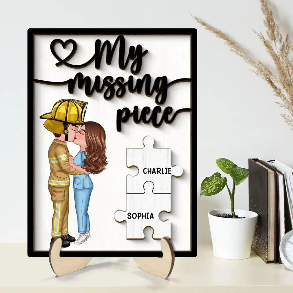 Couple Kissing My Missing Piece Valentine‘s Day Gifts by Occupation Gift For Her Gift For Him Firefighter, Nurse, Police Officer Personalized 2-Layer Wooden Plaque