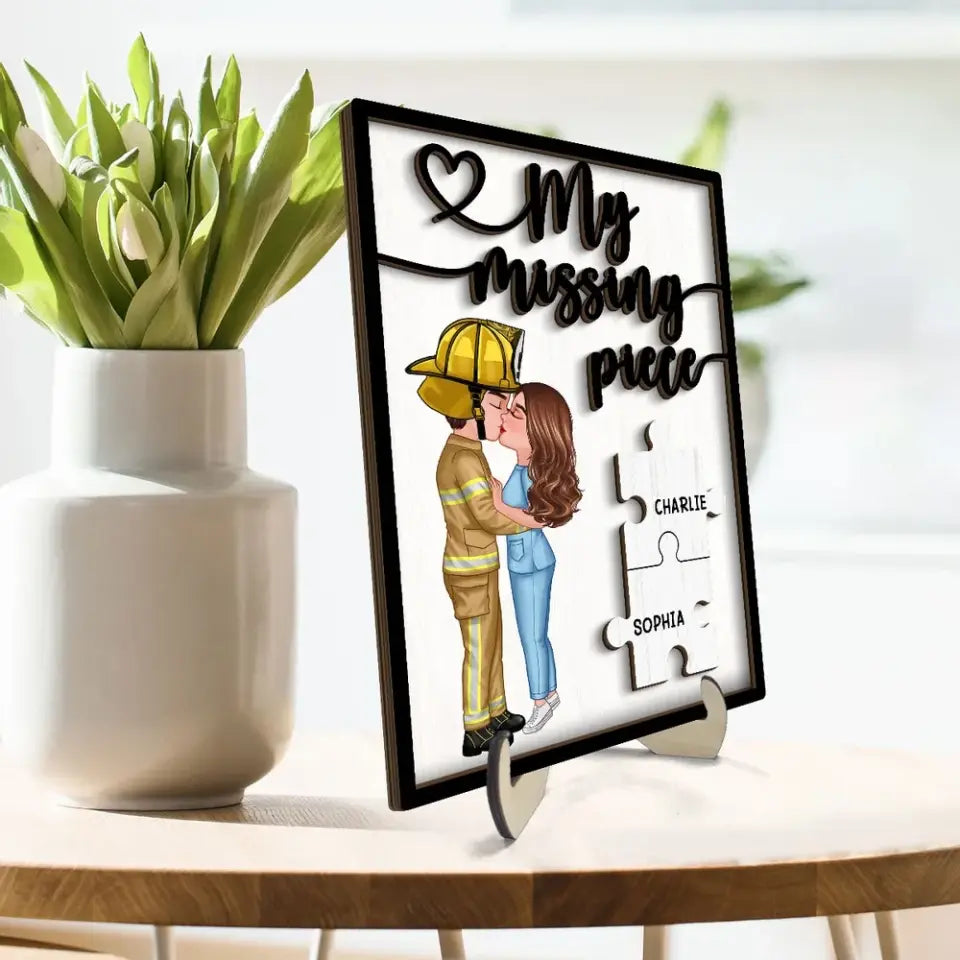 Couple Kissing My Missing Piece Valentine‘s Day Gifts by Occupation Gift For Her Gift For Him Firefighter, Nurse, Police Officer Personalized 2-Layer Wooden Plaque