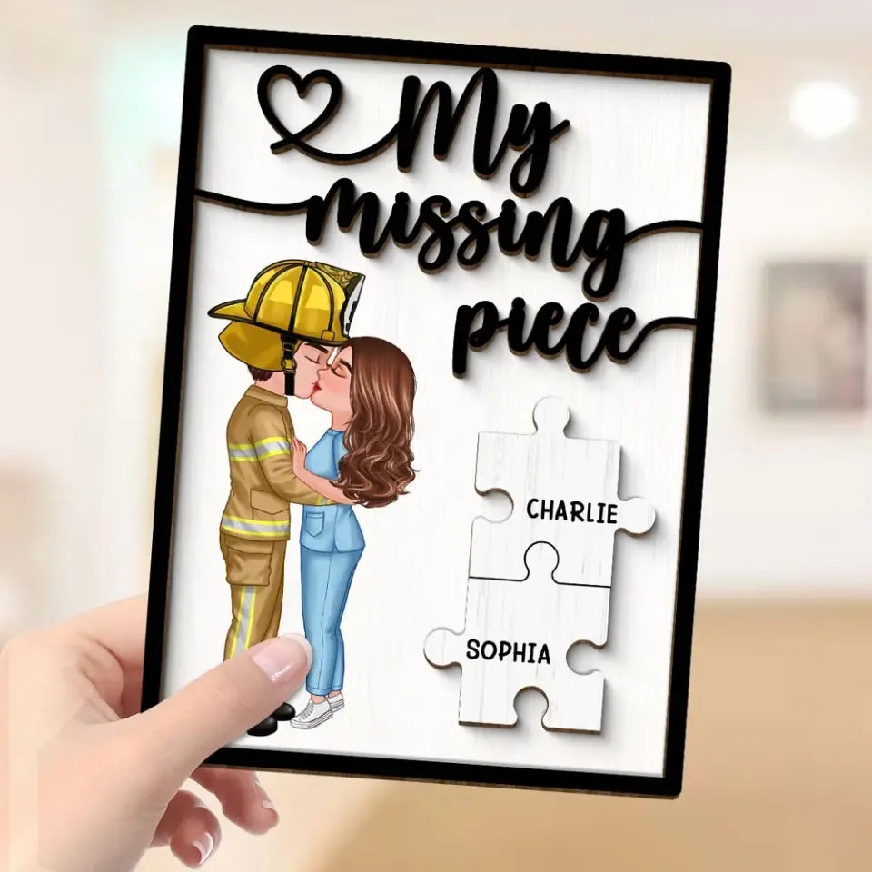 Couple Kissing My Missing Piece Valentine‘s Day Gifts by Occupation Gift For Her Gift For Him Firefighter, Nurse, Police Officer Personalized 2-Layer Wooden Plaque