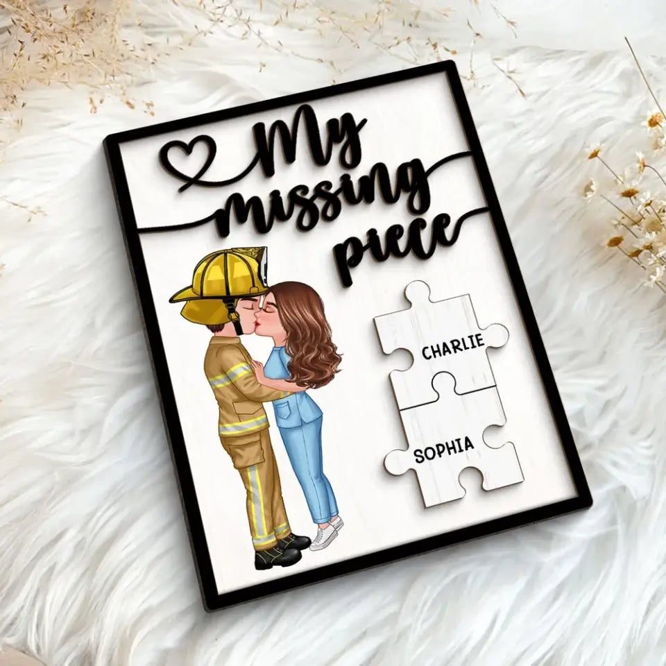 Couple Kissing My Missing Piece Valentine‘s Day Gifts by Occupation Gift For Her Gift For Him Firefighter, Nurse, Police Officer Personalized 2-Layer Wooden Plaque