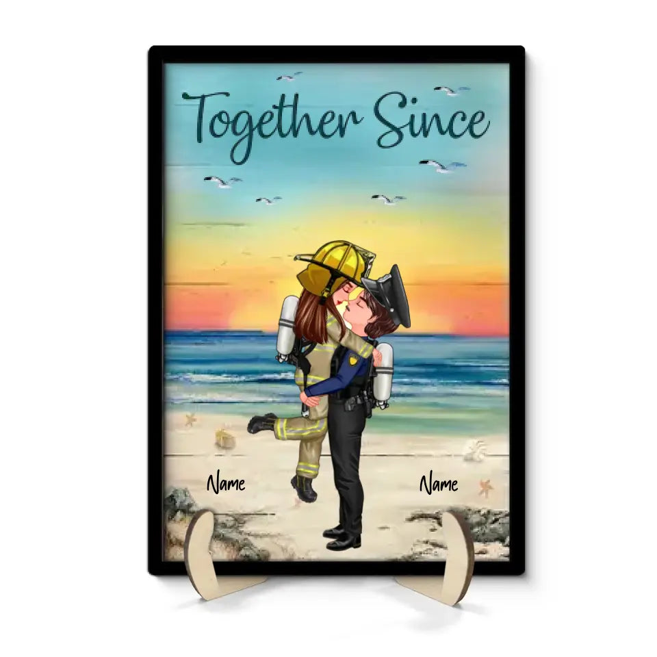 Beach Landscape Couple Valentine‘s Day Gifts by Occupation Gift For Her Gift For Him Firefighter, Nurse, Police Officer Personalized 2-Layer Wooden Plaque