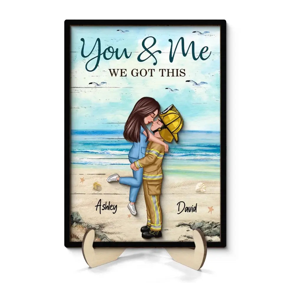 Beach Landscape Couple Valentine‘s Day Gifts by Occupation Gift For Her Gift For Him Firefighter, Nurse, Police Officer Personalized 2-Layer Wooden Plaque