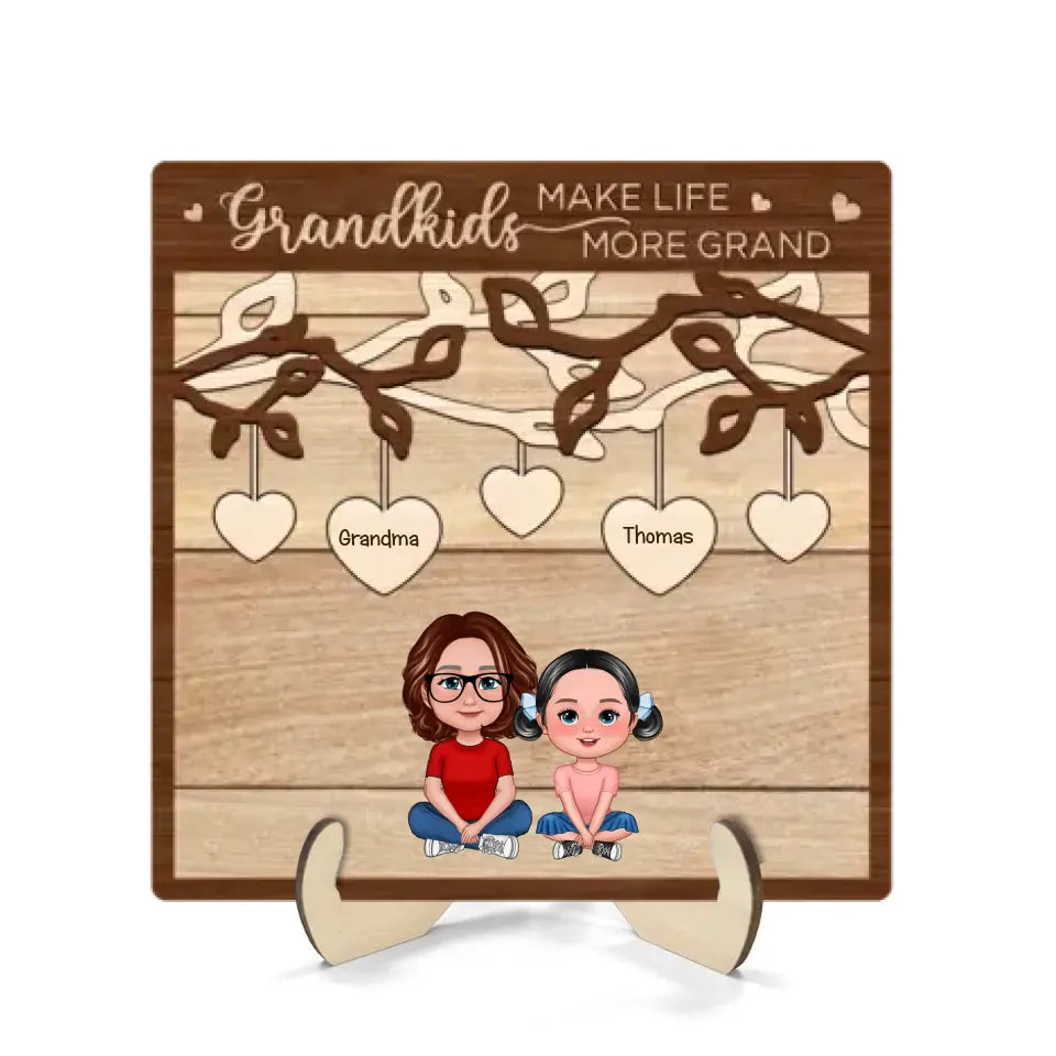 Grandkids Make Life Grand Grandma Grandchildren Under Tree Personalized 2-Layer Wooden Plaque