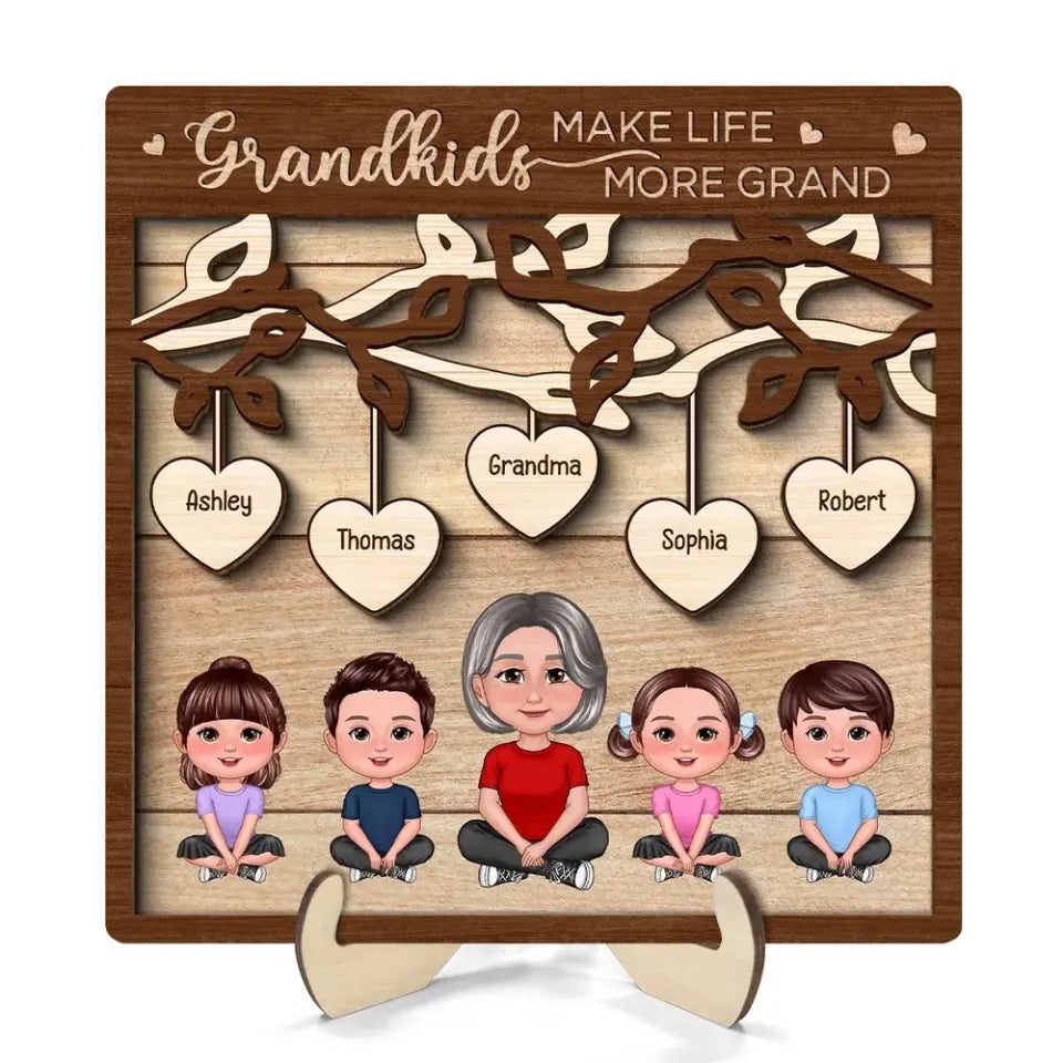 Grandkids Make Life Grand Grandma Grandchildren Under Tree Personalized 2-Layer Wooden Plaque