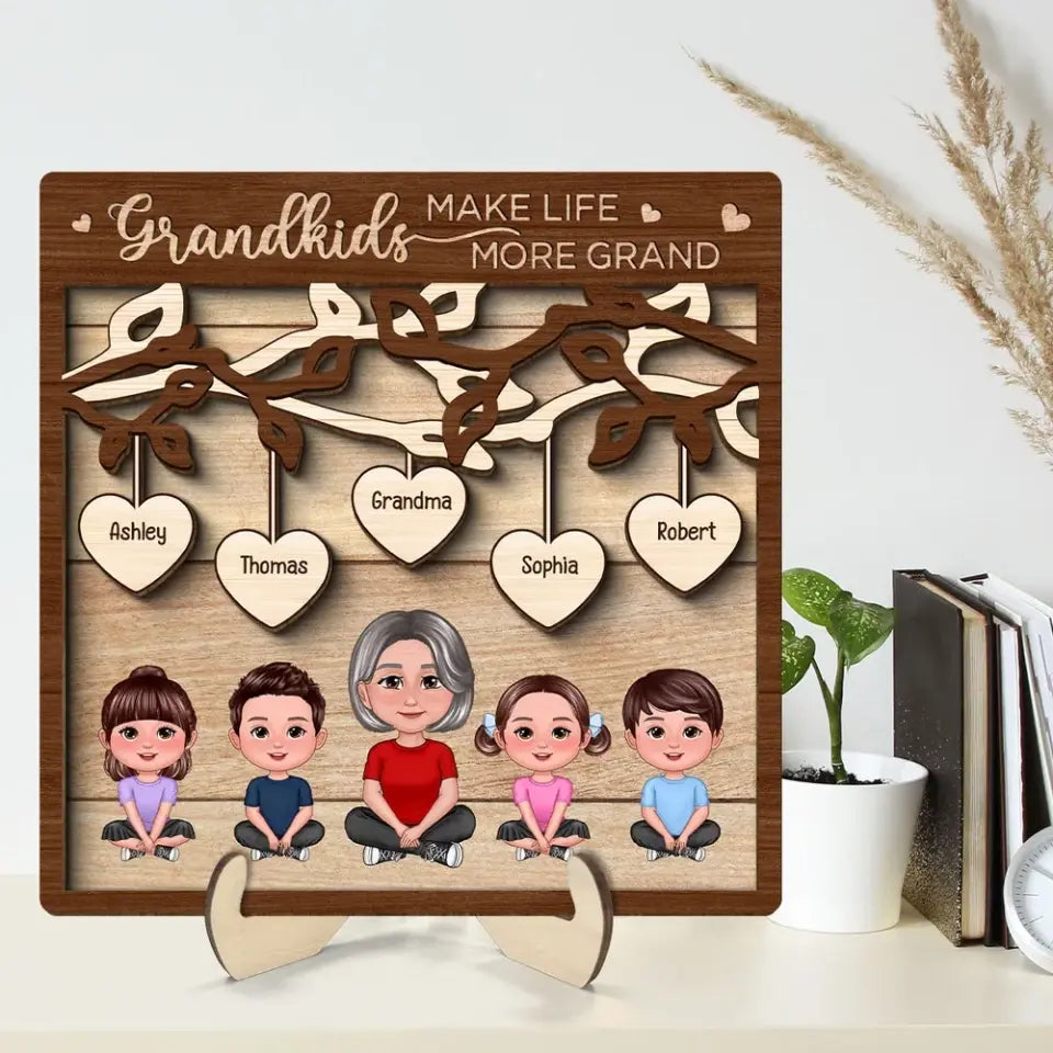 Grandkids Make Life Grand Grandma Grandchildren Under Tree Personalized 2-Layer Wooden Plaque