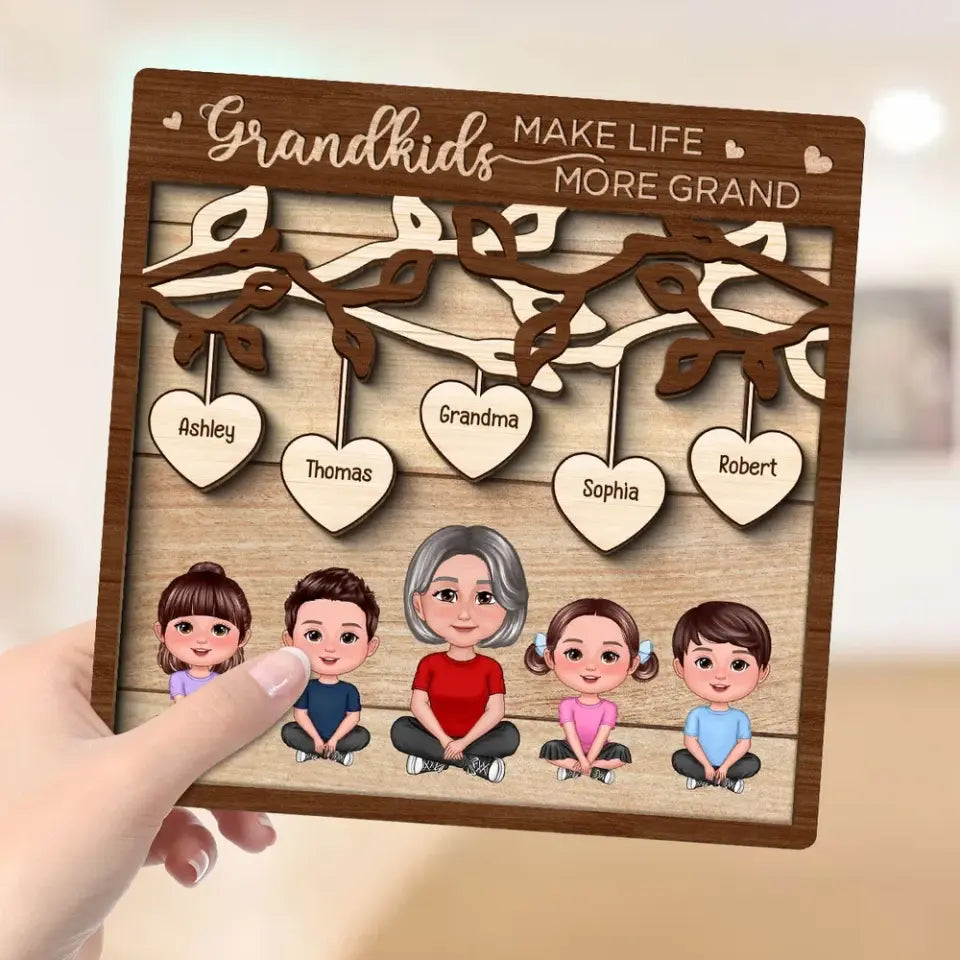 Grandkids Make Life Grand Grandma Grandchildren Under Tree Personalized 2-Layer Wooden Plaque