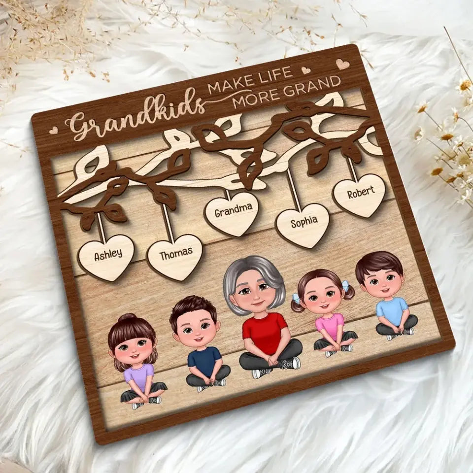 Grandkids Make Life Grand Grandma Grandchildren Under Tree Personalized 2-Layer Wooden Plaque