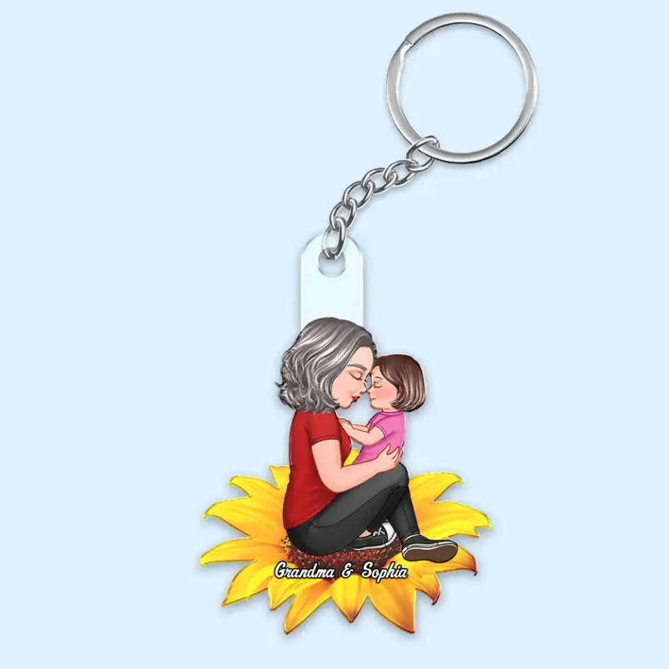 Grandma Mom Kid Sitting On Flower Personalized Acrylic Keychain