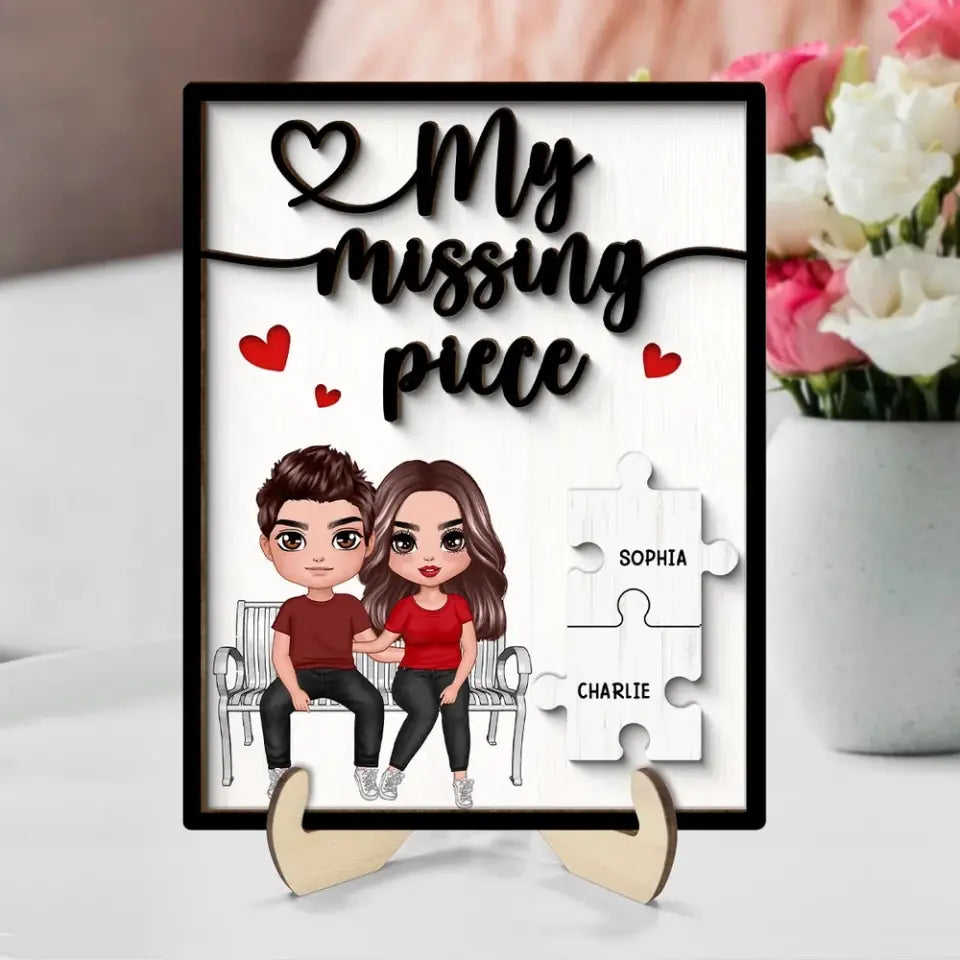 My Missing Piece Couple Sitting On Bench Valentine‘s Day Gift For Her Gift For Him Personalized 2-Layer Wooden Plaque