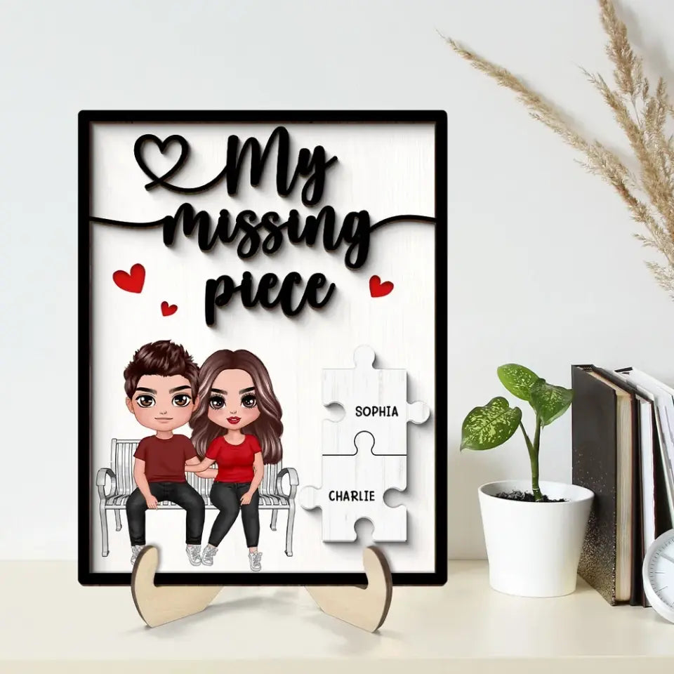 My Missing Piece Couple Sitting On Bench Valentine‘s Day Gift For Her Gift For Him Personalized 2-Layer Wooden Plaque