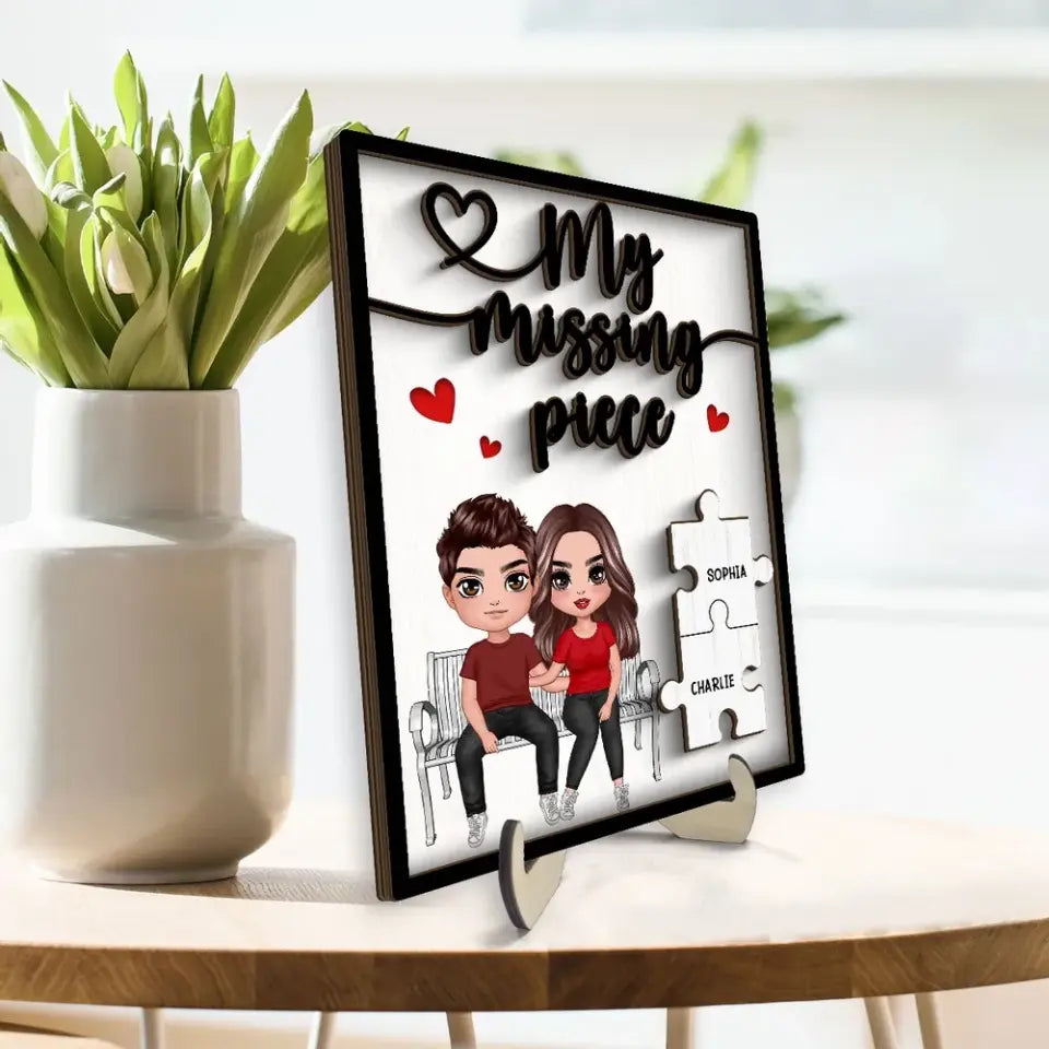 My Missing Piece Couple Sitting On Bench Valentine‘s Day Gift For Her Gift For Him Personalized 2-Layer Wooden Plaque