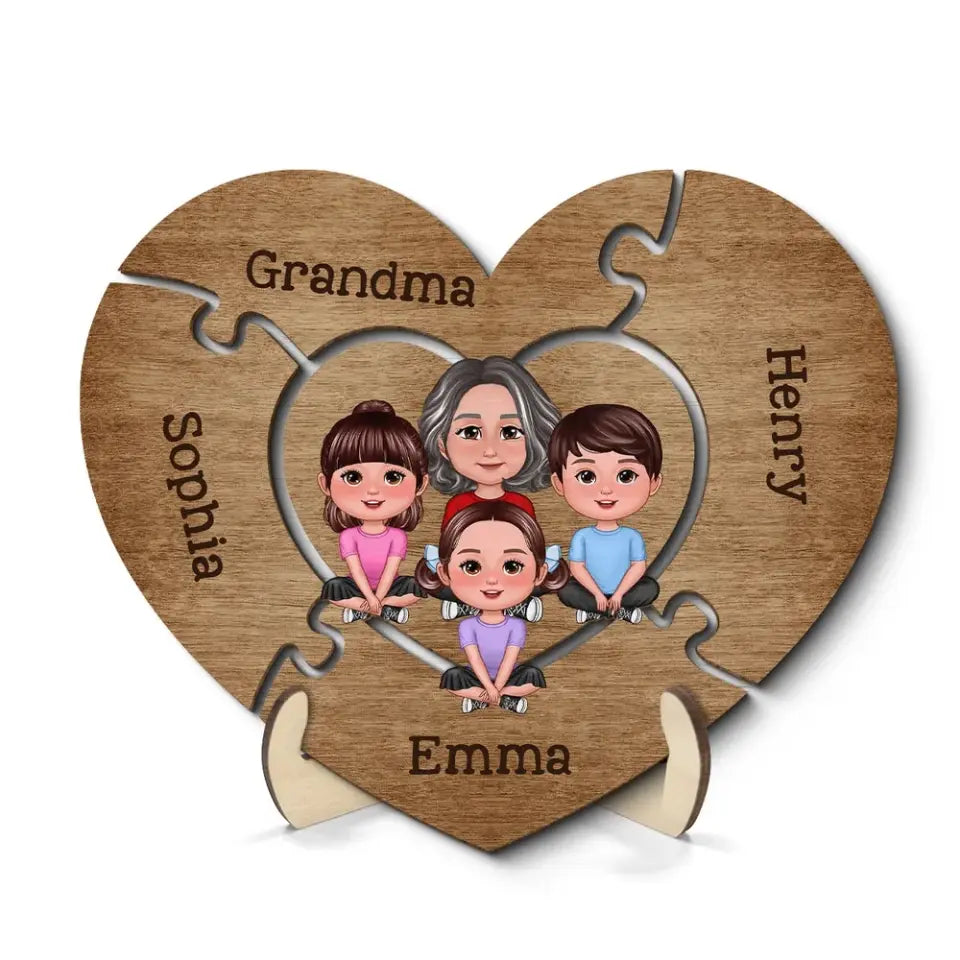 Grandma Grandkids Sitting Puzzle Heart Mother‘s Day Gift Personalized 2-Layer Wooden Plaque