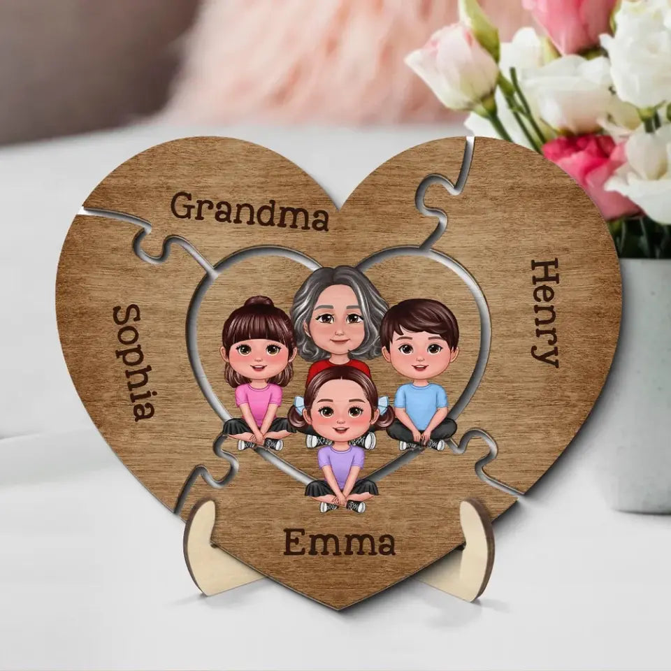 Grandma Grandkids Sitting Puzzle Heart Mother‘s Day Gift Personalized 2-Layer Wooden Plaque