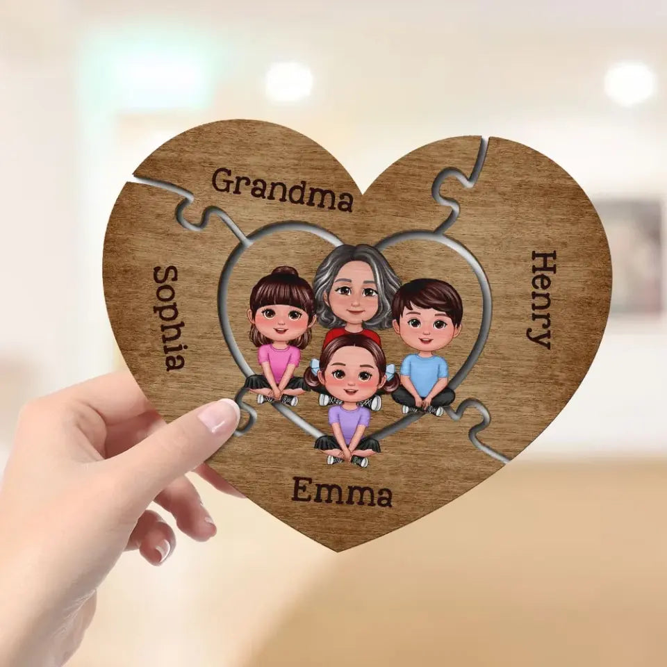 Grandma Grandkids Sitting Puzzle Heart Mother‘s Day Gift Personalized 2-Layer Wooden Plaque