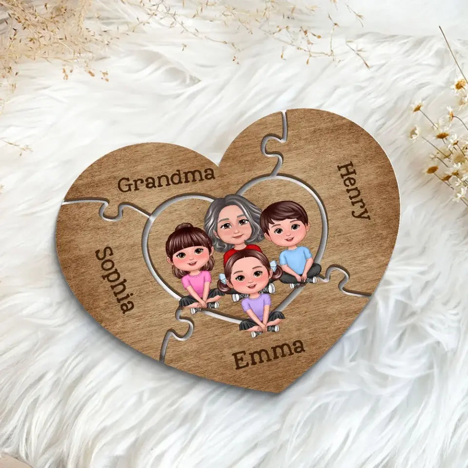 Grandma Grandkids Sitting Puzzle Heart Mother‘s Day Gift Personalized 2-Layer Wooden Plaque