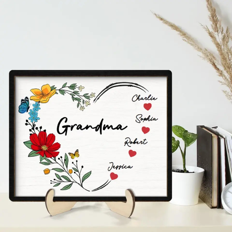 Grandma Mom Hearts Flower Kids Names Personalized 2-layer Wooden Plaque