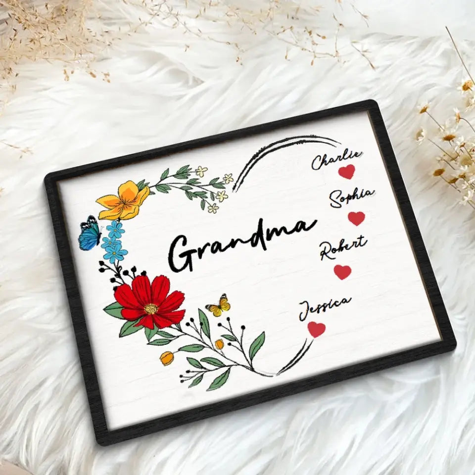 Grandma Mom Hearts Flower Kids Names Personalized 2-layer Wooden Plaque