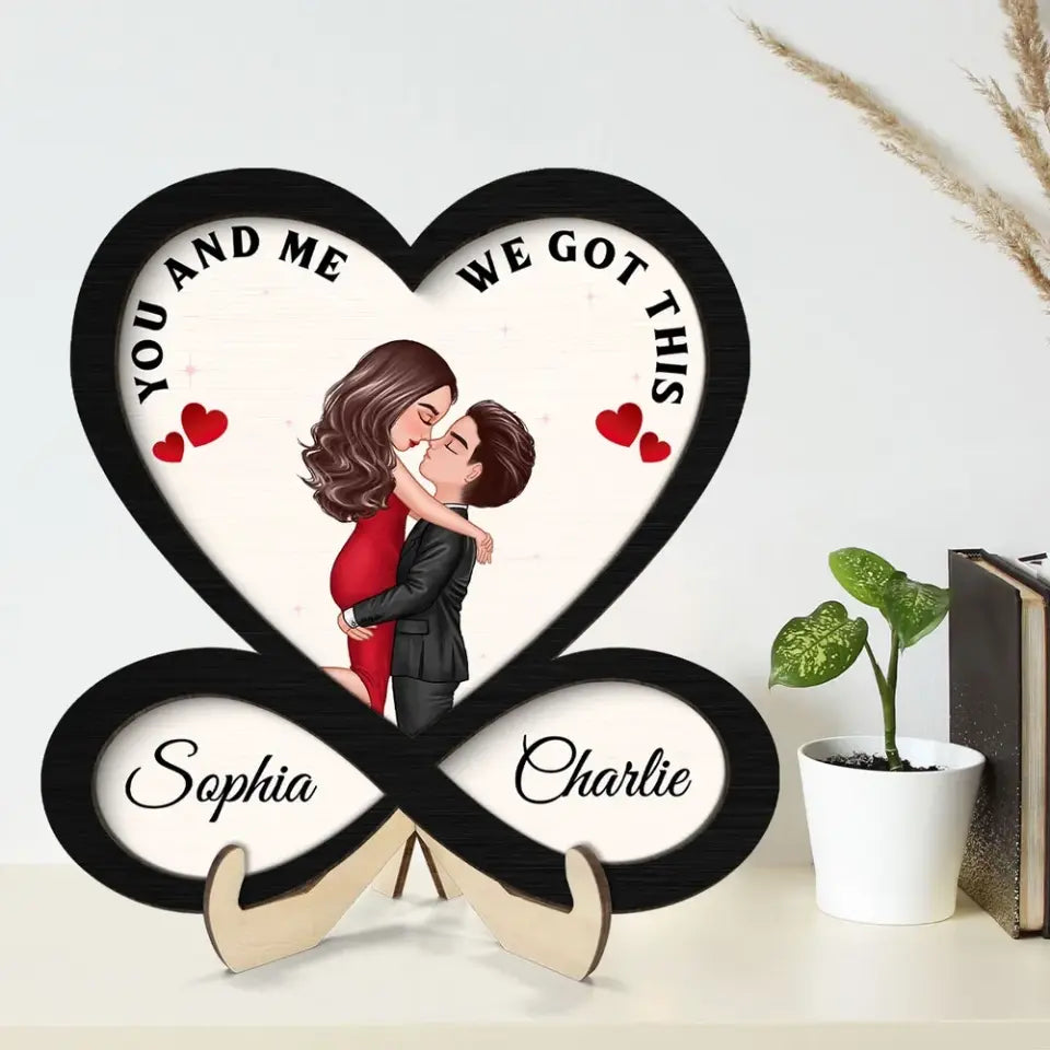 Couple Hugging Kissing Heart Infinity Personalized 2-layer Wooden Plaque